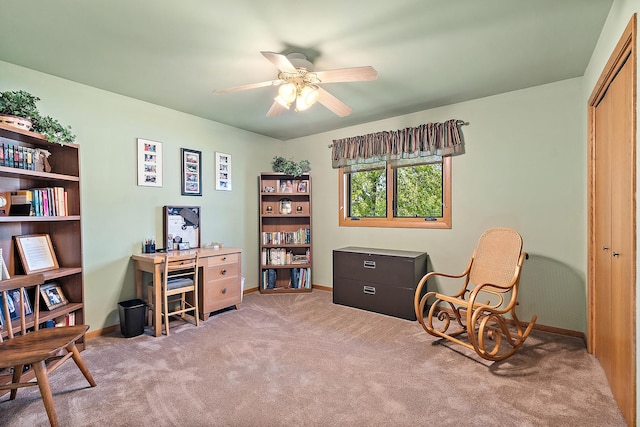 8120 Cherokee Trl, Tinley Park, IL 60477 - sitting room featuring an office area, carpet floors, baseboards, and ceiling fan