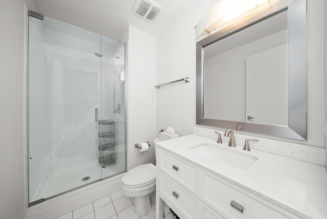 bathroom with a shower stall, toilet, tile patterned flooring, and vanity