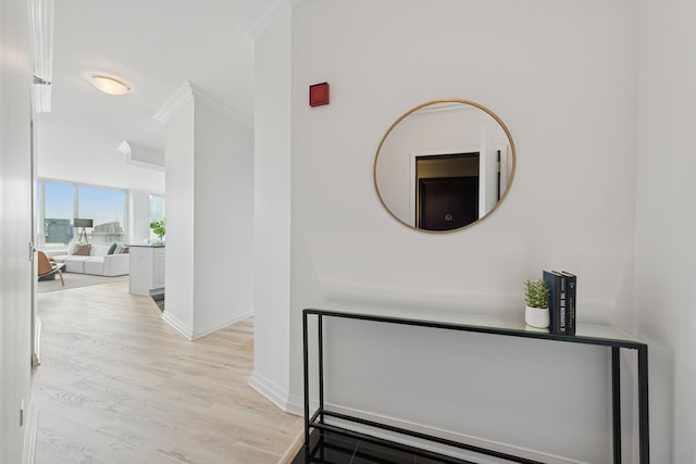 corridor featuring crown molding, wood finished floors, and baseboards