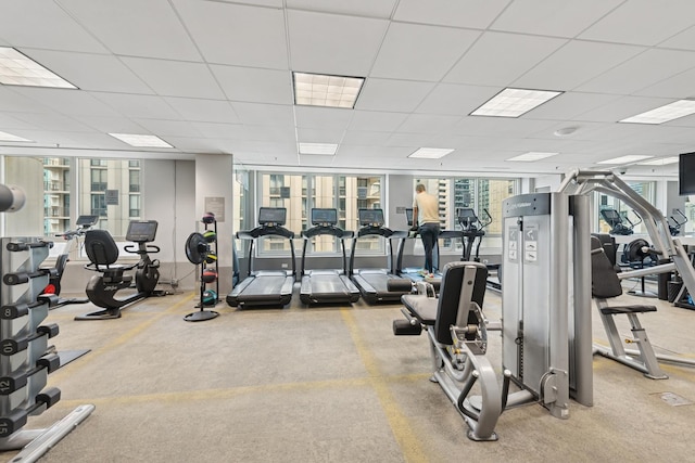 workout area featuring a paneled ceiling