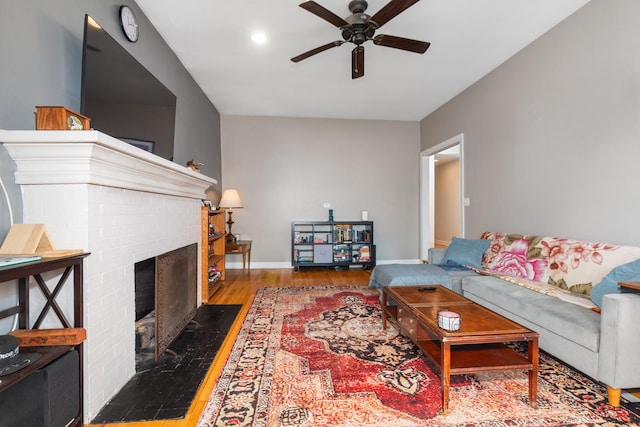 908 W Lakeside Pl Unit 3W, Chicago, IL 60640 - living room featuring a ceiling fan, wood finished floors, a fireplace, baseboards, and recessed lighting