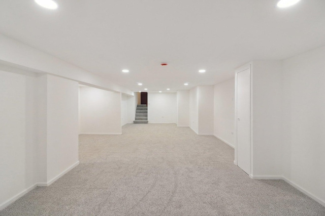 6709 W Menominee Pkwy, Palos Heights, IL 60463 - finished basement featuring light colored carpet, recessed lighting, baseboards, and stairs