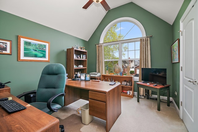 318 Maple St, Beecher, IL 60401 - home office featuring light colored carpet, ceiling fan, vaulted ceiling, and baseboards