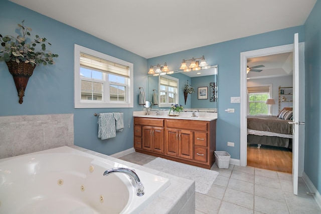 318 Maple St, Beecher, IL 60401 - ensuite bathroom featuring a jetted tub, double vanity, a ceiling fan, tile patterned flooring, and baseboards