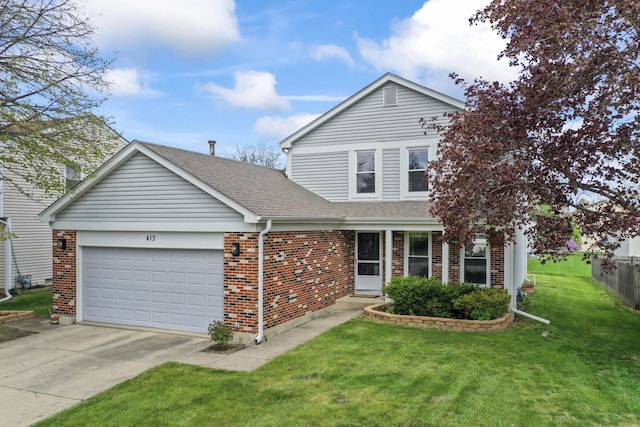 413 Caren Dr, Buffalo Grove, IL 60089 - traditional-style home with a garage, roof with shingles, a front yard, concrete driveway, and brick siding