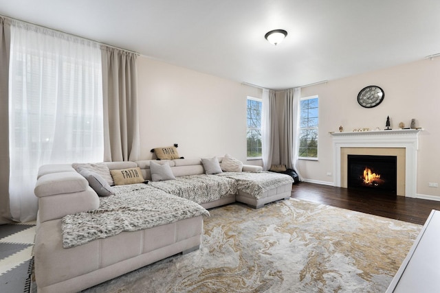 2899 Church Rd, Aurora, IL 60502 - living room featuring wood finished floors, a warm lit fireplace, and baseboards