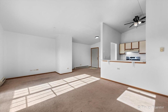 unfurnished living room featuring a baseboard radiator, lofted ceiling, light colored carpet, ceiling fan, and baseboards