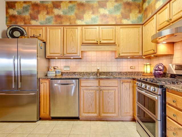 5 W Central Rd Unit 512, Mount Prospect, IL 60056 - kitchen with stainless steel appliances, under cabinet range hood, a sink, dark stone countertops, and decorative backsplash