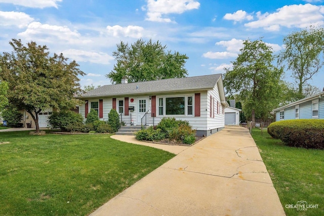 827 Lakewood Pl, Aurora, IL 60506 - ranch-style house featuring a front yard, an outdoor structure, a garage, and a chimney