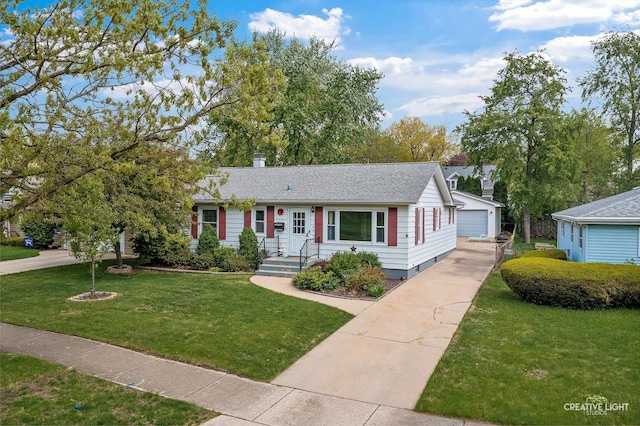 827 Lakewood Pl, Aurora, IL 60506 - ranch-style home with a chimney, a front lawn, a garage, and an outdoor structure