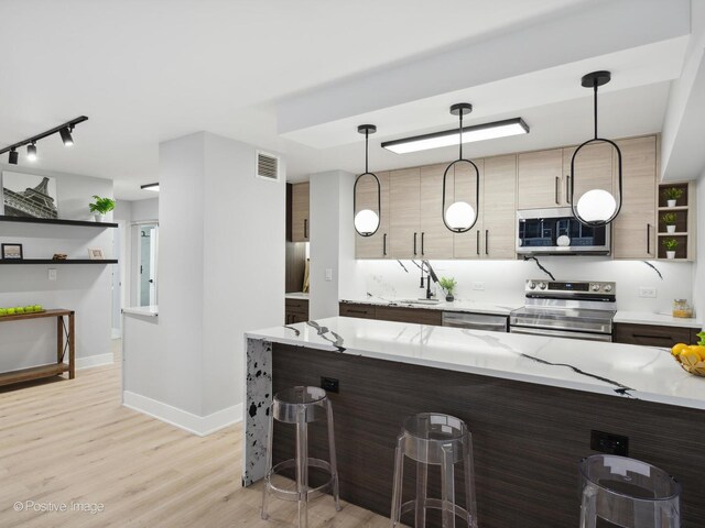 4250 N Marine Dr Unit 1929, Chicago, IL 60613 - kitchen with appliances with stainless steel finishes, a kitchen breakfast bar, a sink, track lighting, and light wood-type flooring