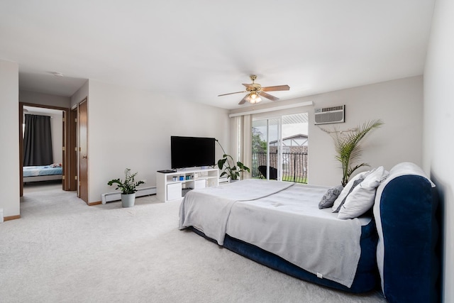 carpeted bedroom with baseboard heating, a wall mounted air conditioner, baseboards, and a ceiling fan