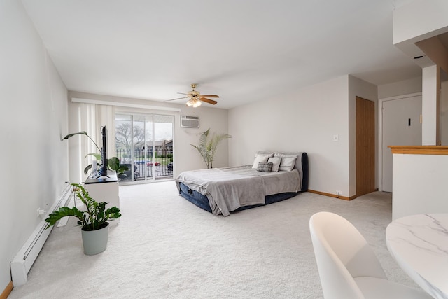 bedroom with access to outside, light colored carpet, a baseboard radiator, a wall mounted air conditioner, and ceiling fan