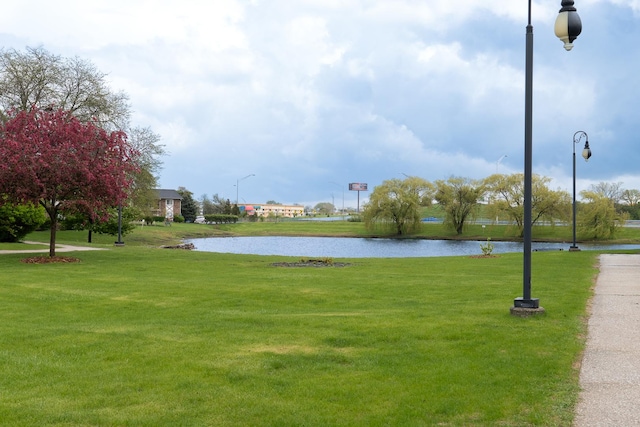 view of community with a water view and a lawn