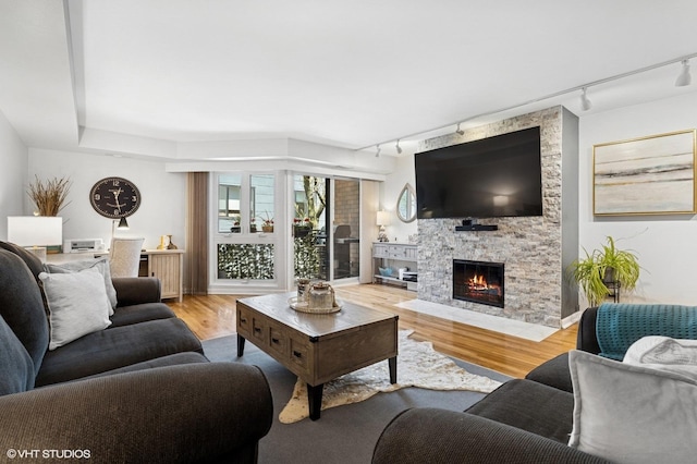 living room featuring rail lighting, a fireplace, and wood finished floors