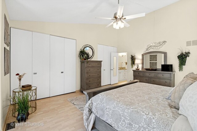 3700 N Lake Shore Dr Unit 312, Chicago, IL 60613 - bedroom featuring light wood finished floors, high vaulted ceiling, a closet, and ceiling fan