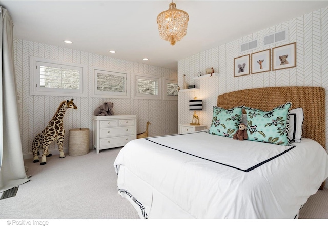 1241 W Dickens Ave, Chicago, IL 60614 - carpeted bedroom with wallpapered walls and recessed lighting