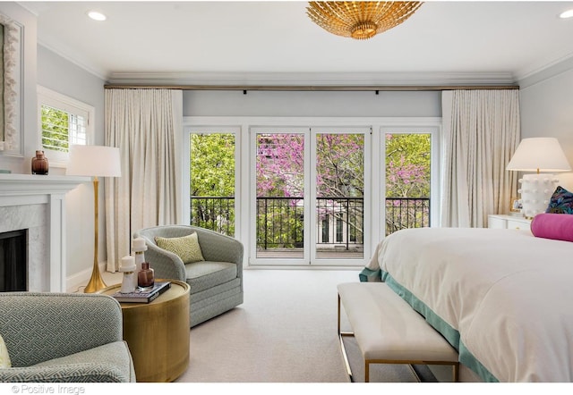 1241 W Dickens Ave, Chicago, IL 60614 - bedroom featuring ornamental molding, access to exterior, recessed lighting, a high end fireplace, and carpet