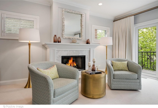1241 W Dickens Ave, Chicago, IL 60614 - living area with carpet floors, ornamental molding, a high end fireplace, baseboards, and recessed lighting