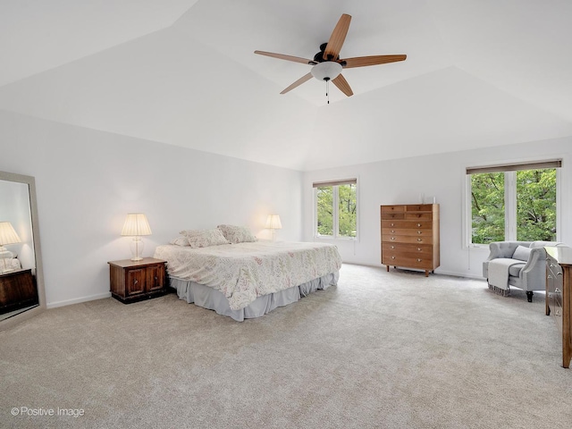 carpeted bedroom with high vaulted ceiling