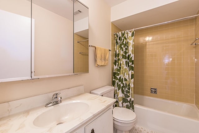 bathroom featuring toilet, shower / bathtub combination with curtain, and vanity