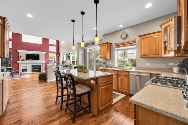 10905 Manhattan Dr, Huntley, IL 60142 - kitchen with appliances with stainless steel finishes, open floor plan, a sink, light wood finished floors, and a kitchen island