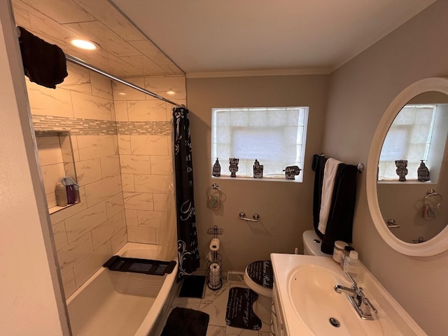 638 Paxton Ave, Calumet City, IL 60409 - bathroom featuring toilet, marble look tile flooring, a sink, healthy amount of natural light, and ornamental molding