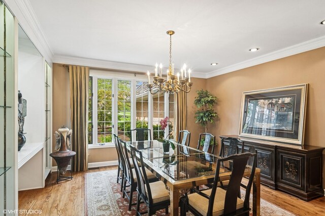 80 Gaelic Ct, Inverness, IL 60010 - dining area with a chandelier, crown molding, light wood finished floors, baseboards, and recessed lighting