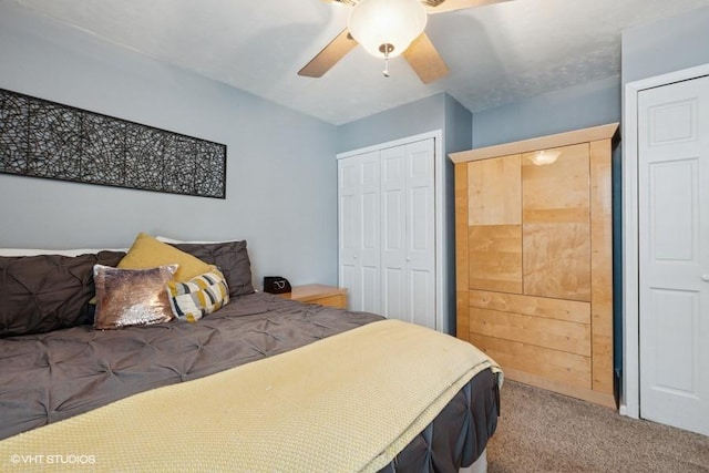 bedroom with carpet flooring, a closet, and a ceiling fan