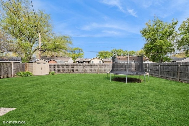 view of yard featuring a storage unit, an outdoor structure, and a trampoline