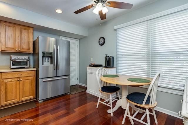 37 W Devon Ave, Glendale Heights, IL 60139 - kitchen featuring stainless steel fridge with ice dispenser, ceiling fan, dark wood-style floors, baseboards, and recessed lighting