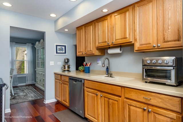 37 W Devon Ave, Glendale Heights, IL 60139 - kitchen featuring dishwasher, a sink, dark wood-style flooring, light countertops, and recessed lighting