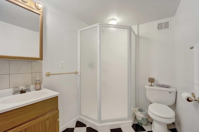 884 Arnold Ct, Des Plaines, IL 60016 - bathroom featuring a stall shower, backsplash, vanity, toilet, and tile patterned floors