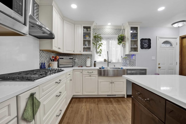 884 Arnold Ct, Des Plaines, IL 60016 - kitchen with appliances with stainless steel finishes, a sink, light countertops, backsplash, and wood finished floors