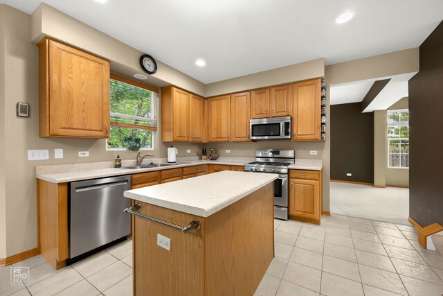 24001 W Walnut Cir, Plainfield, IL 60585 - kitchen featuring stainless steel appliances, a sink, baseboards, light countertops, and healthy amount of natural light