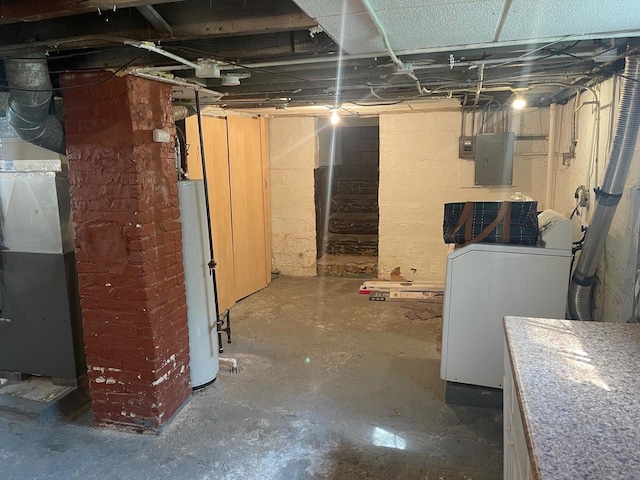 244 N 7th Ave, Kankakee, IL 60901 - unfinished basement featuring washer / dryer, electric panel, water heater, and heating unit