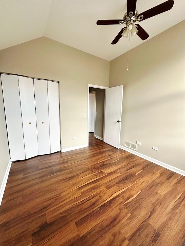 347 Village Creek Dr, Lake In The Hills, IL 60156 - unfurnished bedroom featuring lofted ceiling, wood finished floors, a closet, and ceiling fan