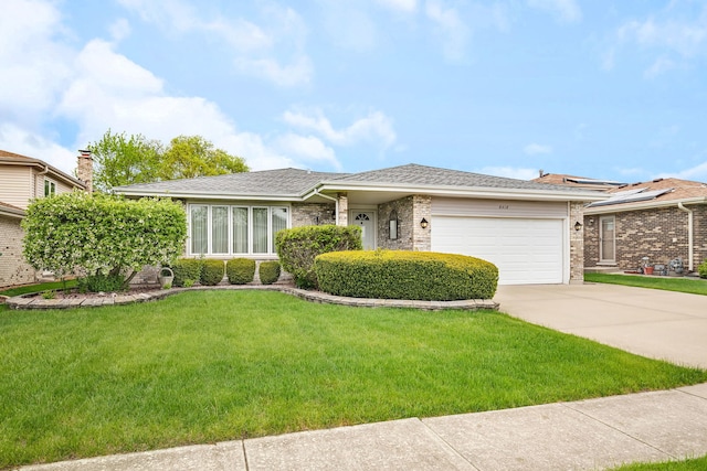 8418 Cherry Hill Dr, Tinley Park, IL 60477 - ranch-style home featuring an attached garage, concrete driveway, brick siding, a front lawn, and roof with shingles
