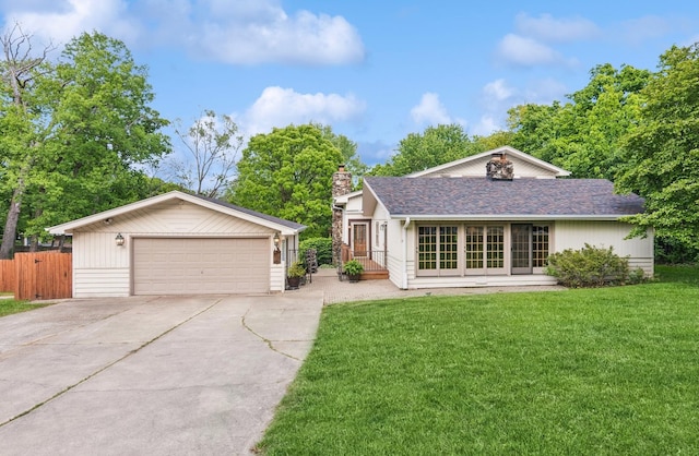 12811 S 82nd Ct, Palos Park, IL 60464 - ranch-style home featuring a garage, a chimney, a shingled roof, and an outbuilding