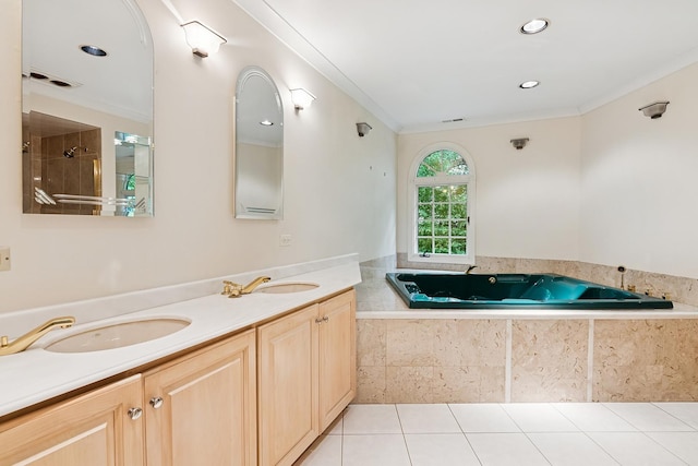 12811 S 82nd Ct, Palos Park, IL 60464 - bathroom featuring a garden tub, double vanity, ornamental molding, tile patterned floors, and recessed lighting