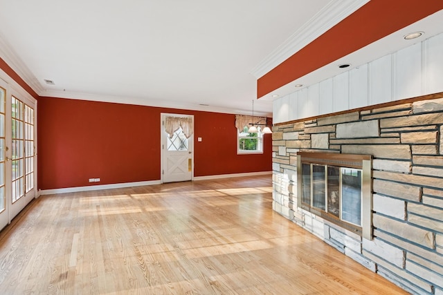12811 S 82nd Ct, Palos Park, IL 60464 - unfurnished living room featuring wood finished floors, ornamental molding, baseboards, a fireplace, and a chandelier