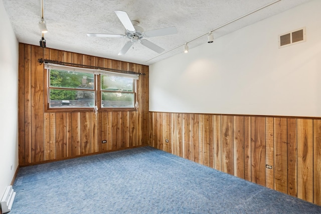 12811 S 82nd Ct, Palos Park, IL 60464 - empty room with wooden walls, track lighting, a baseboard heating unit, a textured ceiling, and carpet flooring