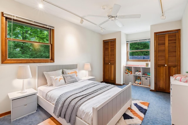 12811 S 82nd Ct, Palos Park, IL 60464 - carpeted bedroom with rail lighting, multiple closets, and ceiling fan