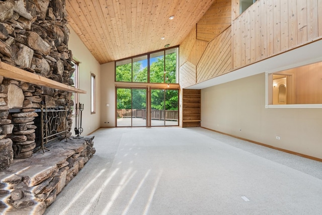 12811 S 82nd Ct, Palos Park, IL 60464 - unfurnished living room featuring high vaulted ceiling, wooden ceiling, carpet, a fireplace, and baseboards