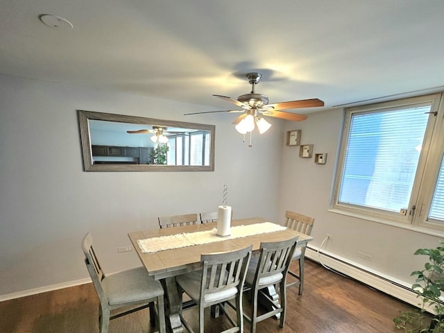 7251 Randolph St Unit C5, Forest Park, IL 60130 - dining space featuring a baseboard heating unit, dark wood-style flooring, ceiling fan, and plenty of natural light
