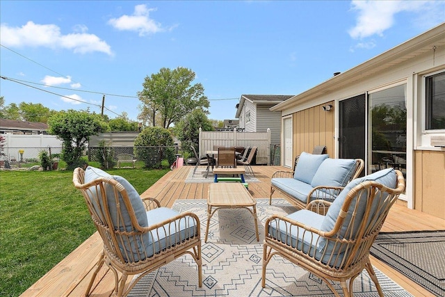view of patio with a wooden deck, outdoor dining area, and an outdoor hangout area