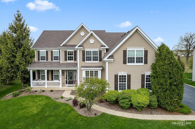 colonial inspired home with covered porch, a front yard, and roof with shingles