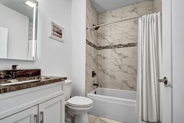 bathroom featuring marble finish flooring, shower / bath combination with curtain, vanity, and toilet