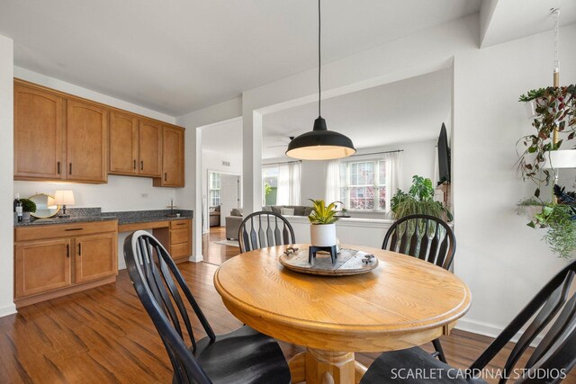 700 Wilmore Dr, Oswego, IL 60543 - dining space featuring dark wood-type flooring and baseboards