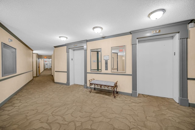 511 Aurora Ave Unit 413, Naperville, IL 60540 - hall with elevator, ornamental molding, a textured ceiling, and carpet flooring